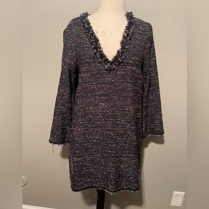 Zara Women's Black Tweed Fringe Tunic V-Neck Dress
